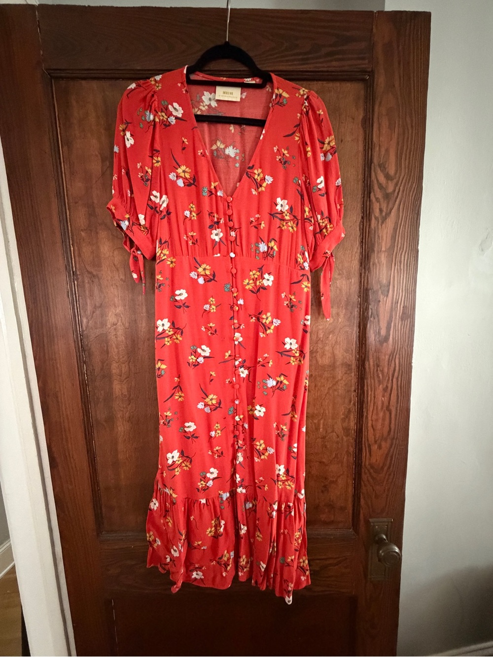 Anthropologie Maeve Red Floral Maxi Dress with Button Front